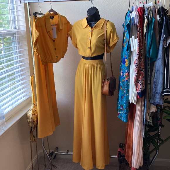 Yellow Wide Leg Pant Set with Crop Top - Picture 4 of 13